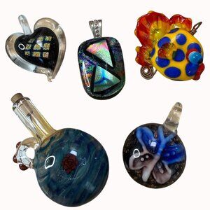 Handcrafted Glass Pendant Lot With Heart Fish Floral & Geometric Designs